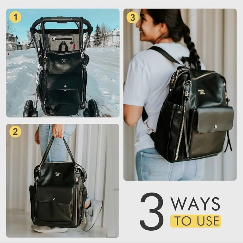 Miss Fong Diaper Bag Black ECO PU Leather with Beige Interior & Changing Pad